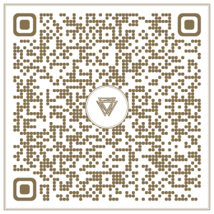 Brown QR-style code with a circular logo in the center; scan to open linked content.